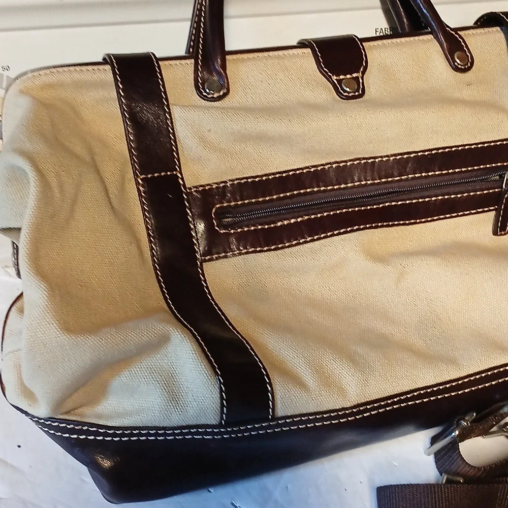 LEVENGER Canvas LEATHER Trim TOTE BAG PURSE BROWN & Tan - Picture 3 of 10